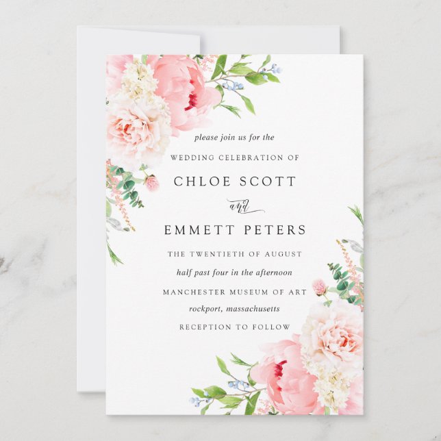 Invitación Boda floral de peones rosados románticos (Anverso)
