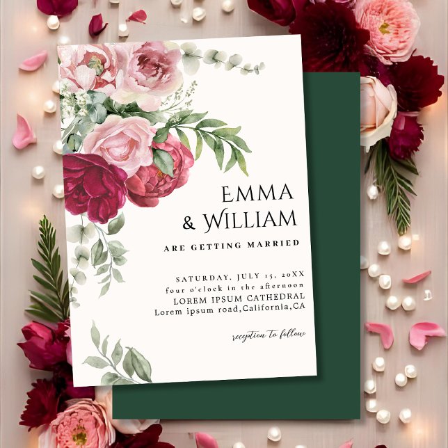Invitación Boda floral de peones Rosas Rubor rosa y Marsala (Subido por el creador)