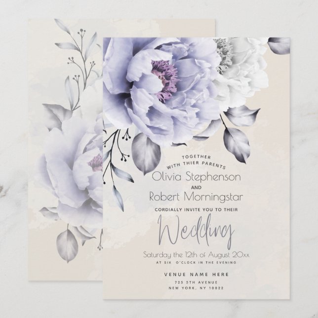 Invitación BODA | Floral de peones rustica de Lilac y Alabast (Anverso / Reverso)