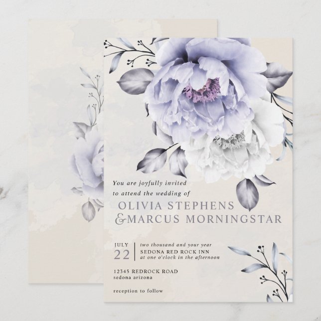 Invitación Boda | Floral de peones rustica de Lilac y Alabast (Anverso / Reverso)