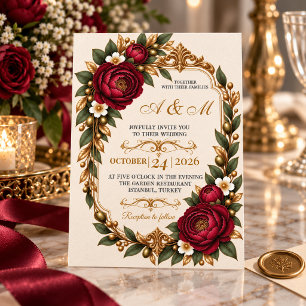 Invitación Boda floral de peonía borgoña de dinero antiguo
