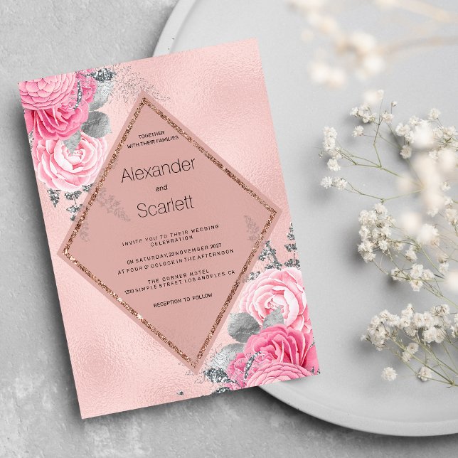 Invitación Boda floral de peonía con brillo plateado rosa rub (Blush pink silver glitter peony floral Wedding)