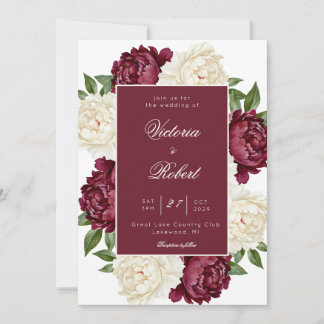 Invitación Boda floral de peonía crema y burgundy 