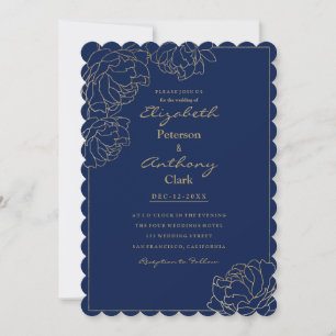 Invitación Boda floral de peonía dorada azul marino sofistica