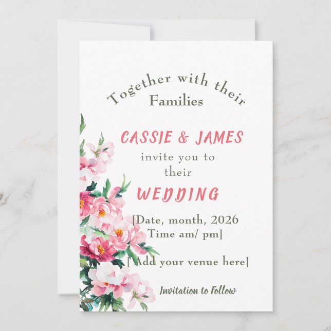 Invitación Boda floral de peonía rosa suave y eucalipto (Anverso)