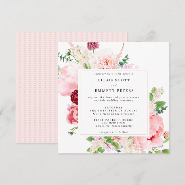 Invitación Boda floral de peonía rosada rusa (Anverso / Reverso)