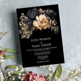 Invitación Boda floral de peonia verde marfil negro