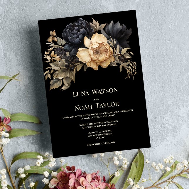 Invitación Boda floral de peonia verde marfil negro (Black ivory blush green peony floral Wedding )
