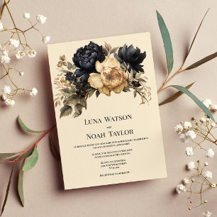 Invitación Boda floral de peonia verde negro de marfil