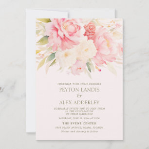 Invitación Boda floral de peonías acuarela marfil rosa