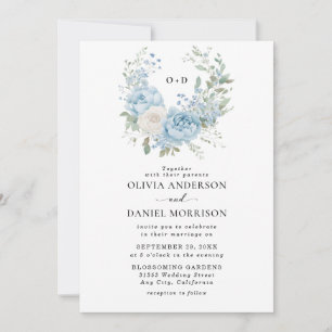 Invitación Boda floral de peonías blancas y azul polvoriento 