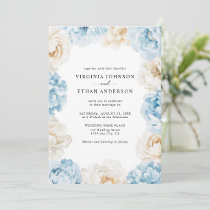Invitación Boda floral de peonías marfil champagne azul polvo