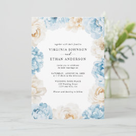 Invitación Boda floral de peonías marfil champagne azul polvo