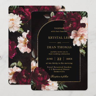 Invitación Boda floral de peonías rosadas con borgoña tempera