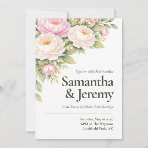 Invitación Boda floral de peonías rosadas y blancas