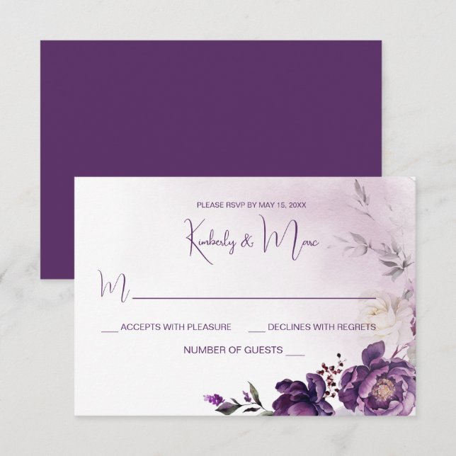 Invitación Boda Floral de Peonies Púrpura RSVP (Anverso / Reverso)