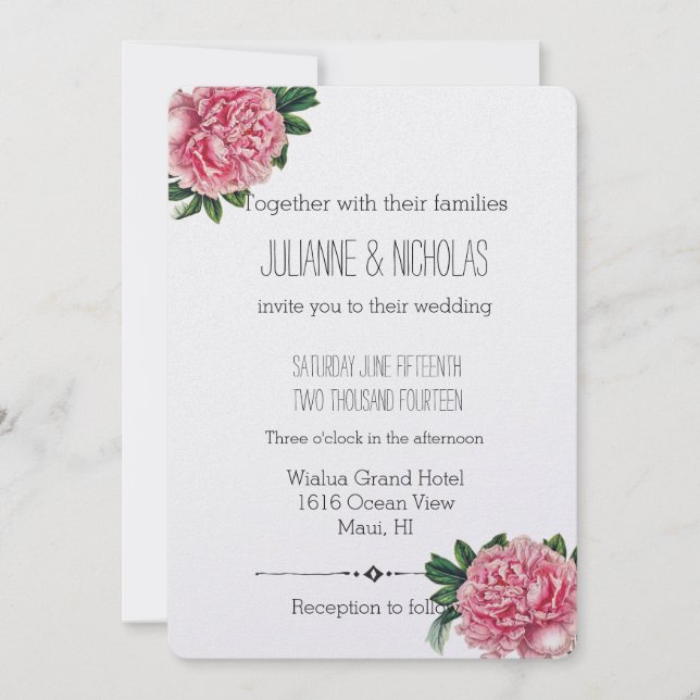 Invitación Boda Floral de Peonies Rosados (Anverso)