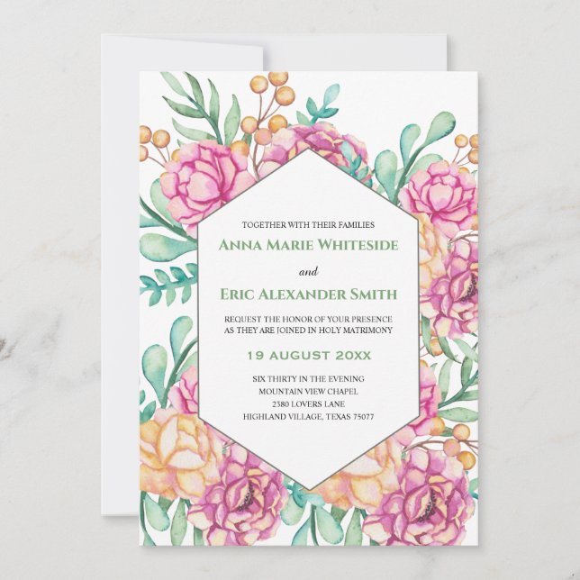 Invitación Boda floral de peonies rosados bonitos (Anverso)