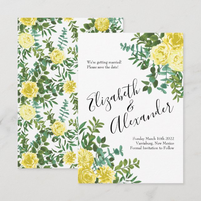 Invitación Boda floral de Peony amarillo claro Save Date (Anverso / Reverso)