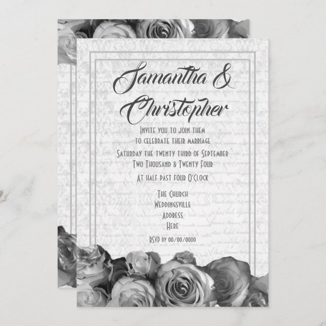 Invitación Boda floral de pergamino blanco y negro (Anverso / Reverso)