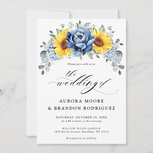 Invitación Boda floral de pijama azul turquesa de girasol (Anverso)