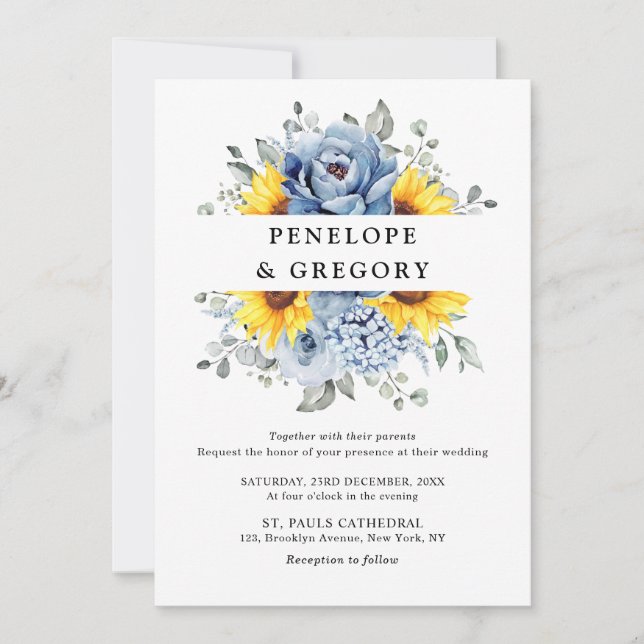 Invitación Boda floral de pijama azul turquesa de girasol (Anverso)