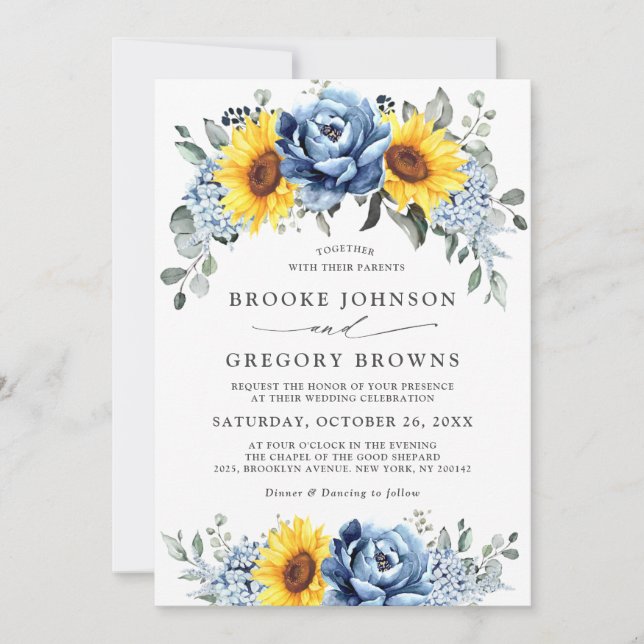 Invitación Boda floral de pijama azul turquesa de girasol (Anverso)