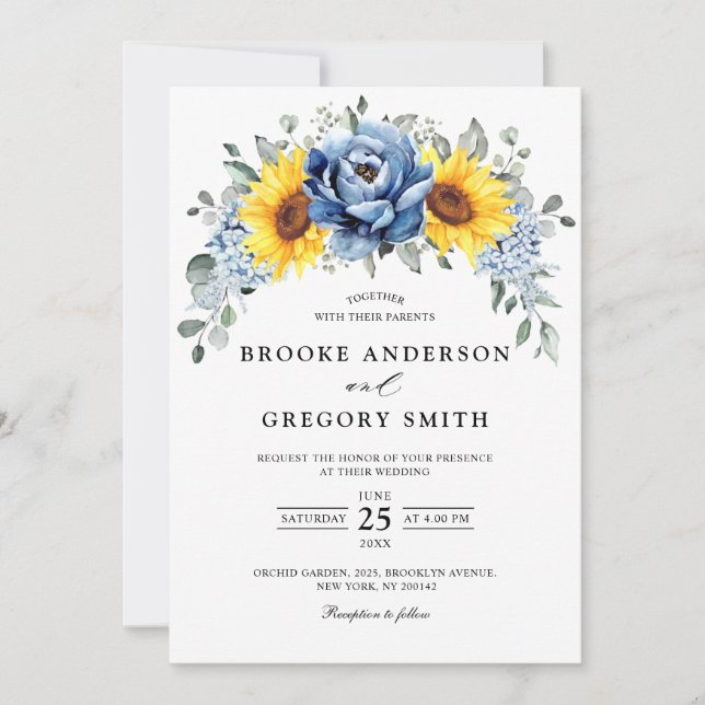 Invitación Boda floral de pijama azul turquesa de girasol (Anverso)