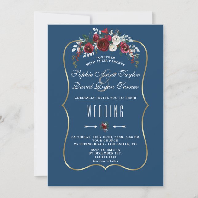 Invitación Boda Floral de Pino Burgundy Invernal con Oro Azul (Anverso)