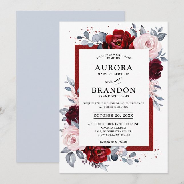 Invitación Boda floral de pizarra azul turbia (Anverso / Reverso)