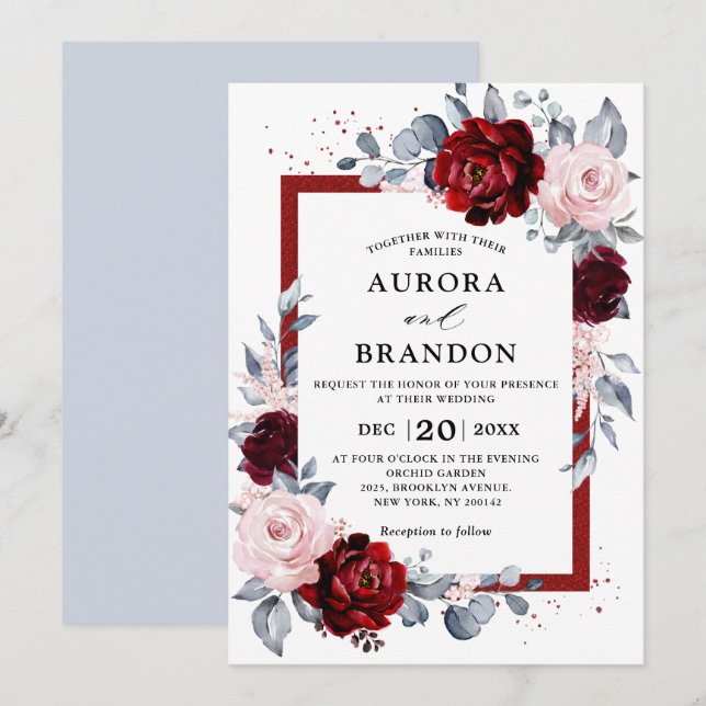 Invitación Boda floral de pizarra azul turbia (Anverso / Reverso)