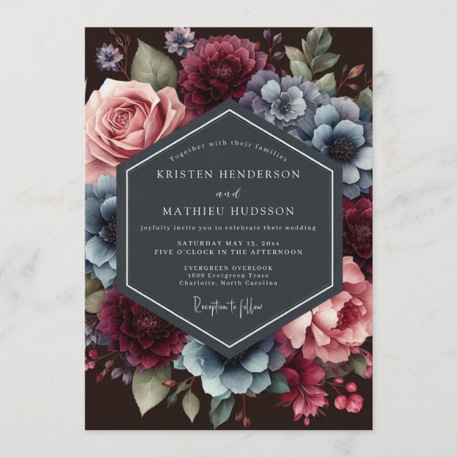 Invitación Boda floral de pizarra de Borgoña (Anverso)