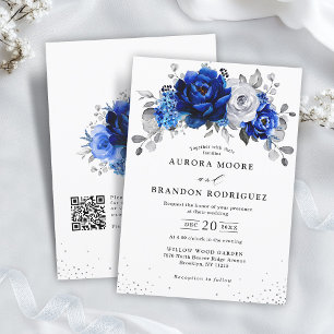 Invitación Boda floral de plata blanca azul real QR Code