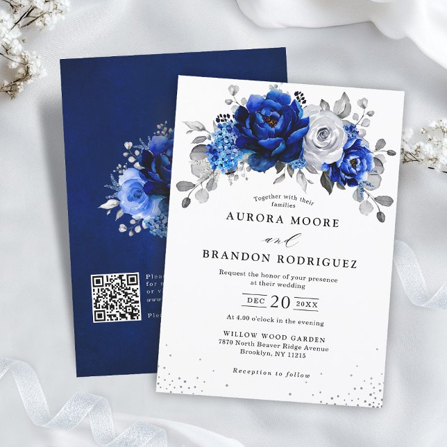 Invitación Boda floral de plata blanca azul real QR Code (Royal Blue White Silver QR Code Floral Wedding Invitation)