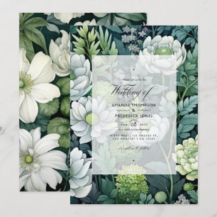 Invitación Boda floral de plata, blanco y verde bosque