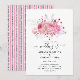Invitación Boda floral de plata con rosa y falso foil y brill