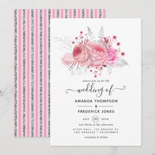Invitación Boda floral de plata con rosa y falso foil y brill