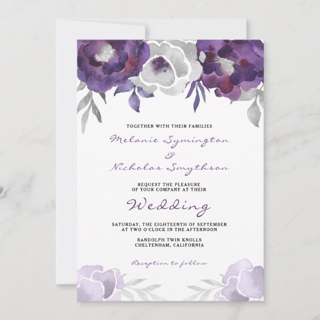 Invitación Boda floral de plata púrpura 3963 de la acuarela (Anverso)