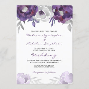 Invitación Boda floral de plata púrpura 3963 de la acuarela