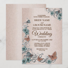 Invitación Boda Floral de Plata Verde Cobre Marrón Claro