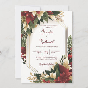 Invitación Boda floral de poinsettia de oro de Borgoña de Nav