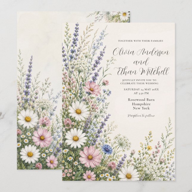 Invitación Boda floral de pradera primaveral de flores silves (Anverso / Reverso)
