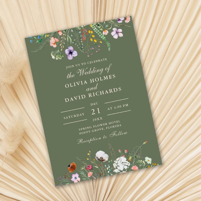 Invitación Boda floral de prado de flores silvestres verde ol (Sage Green Watercolor Wildflower Meadow Wedding Invitation on dry palm leaf.)
