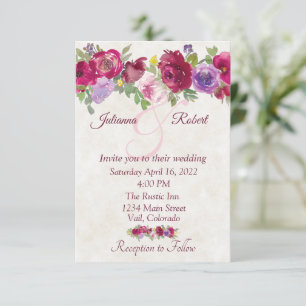Invitación Boda floral de presupuesto con borgoña y púrpura