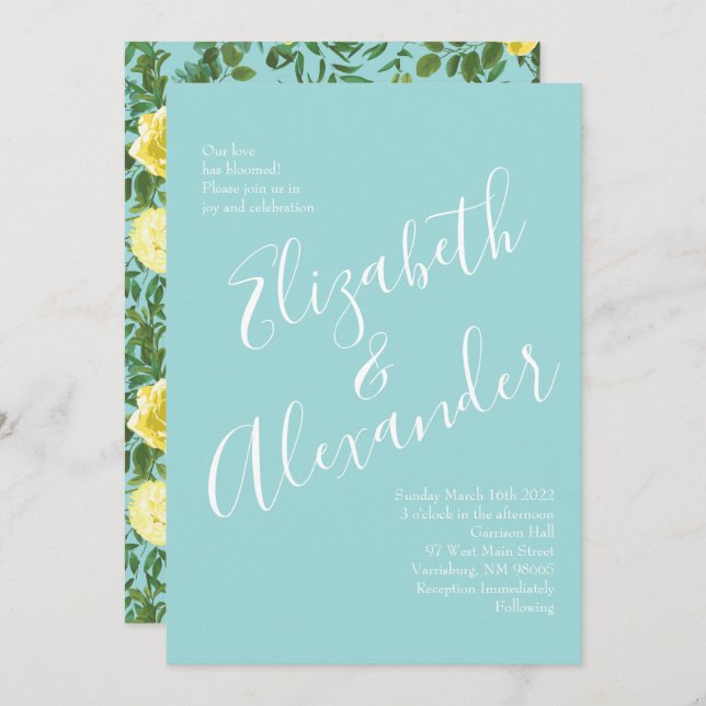 Invitación Boda floral de primavera amarilla y Aqua (Anverso / Reverso)