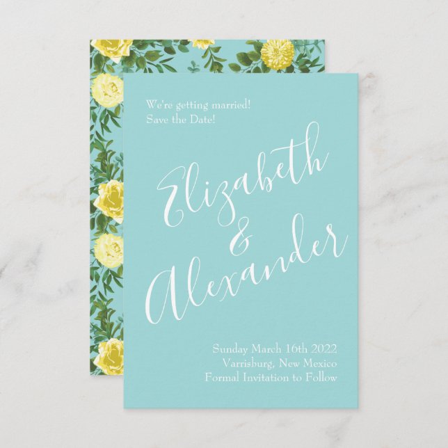 Invitación Boda floral de primavera amarilla y Aqua (Anverso / Reverso)
