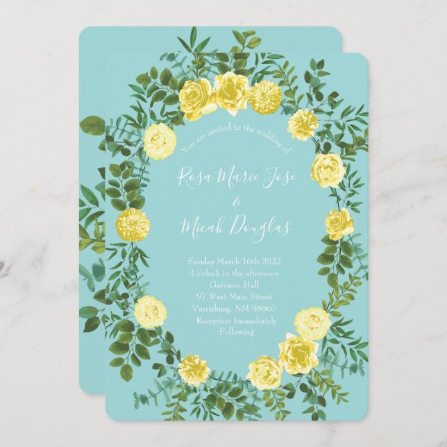 Invitación Boda floral de primavera amarilla y Aqua (Anverso / Reverso)