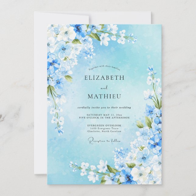 Invitación Boda floral de primavera azul cielo (Anverso)