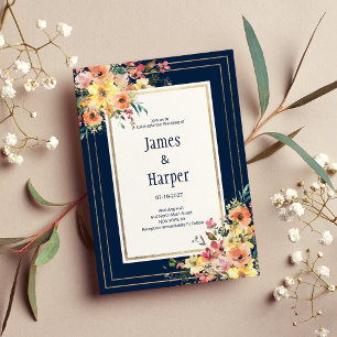 Invitación Boda floral de primavera azul marino rosa naranja