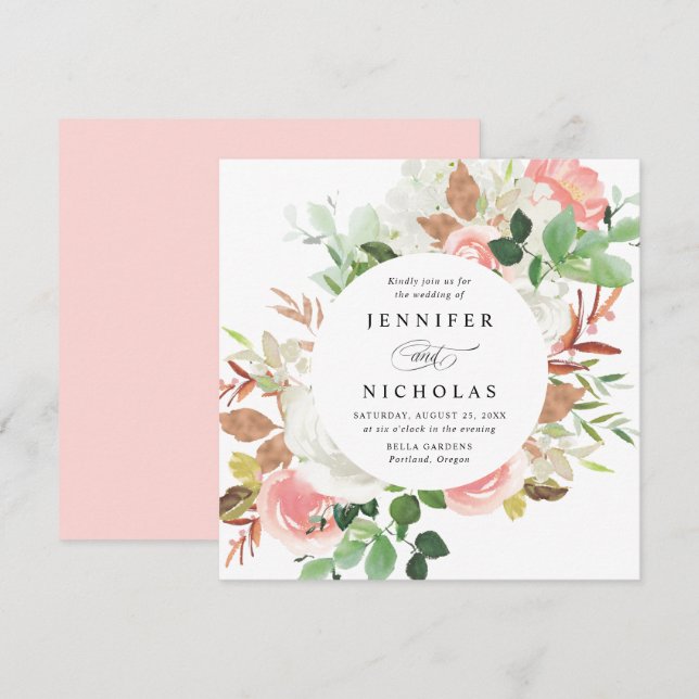Invitación Boda floral de primavera Blush | Marco circular (Anverso / Reverso)